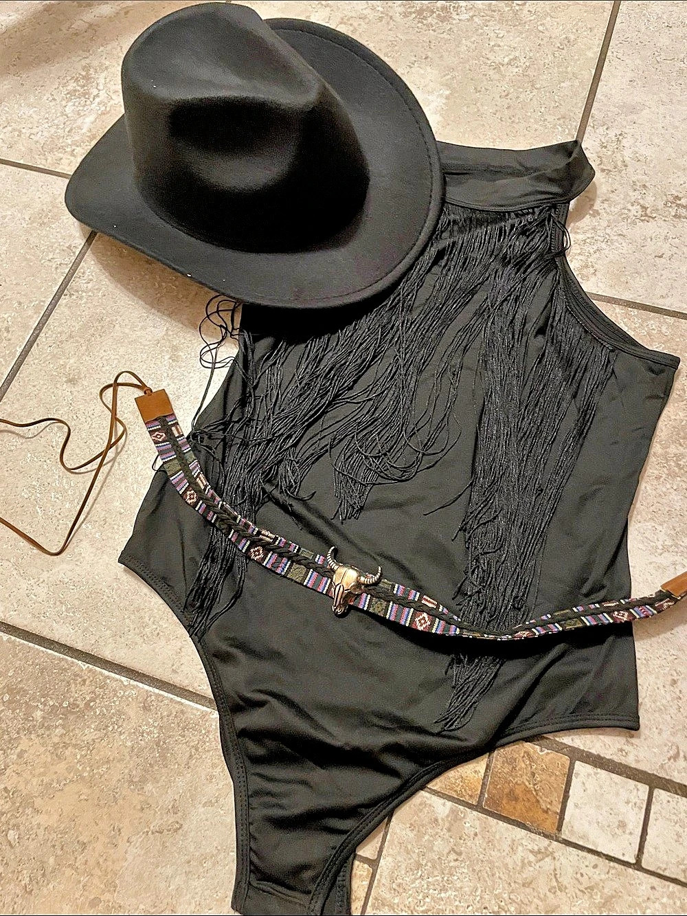 NWOT cowgirl costume, Black Fringe body suit + belt + hat, size M